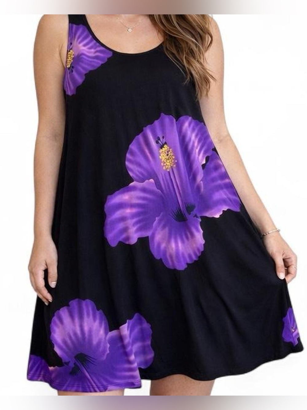 NaPua Collection Honolulu Tropical Tank Dress - Black with Purple Floral